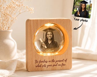 Custom 3D Crystal Photo Night Lamp, Personalized Family or Graduation Gift, Engraved Glass Memory Light, LED Wooden Base