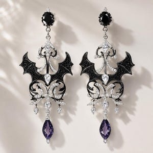 Gothic Bat Earrings, Black and Purple Chandelier Dangles with Baroque Detailing