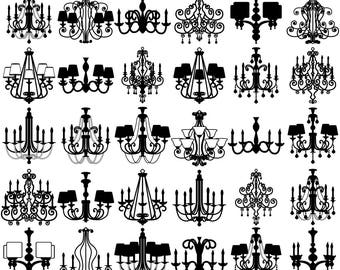 Clip Art Chandeliers - Black & White (32 Digital Scrapbook Elements - PNG/JPG) Princess Wedding Party Bride Queen Formal Invitation