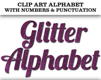 Clip Art Alphabet - Purple Glitter Letters & Numbers (Set of 82 Digital Scrapbook Embellishments) Wedding Bridal Queen Amethyst Sparkle