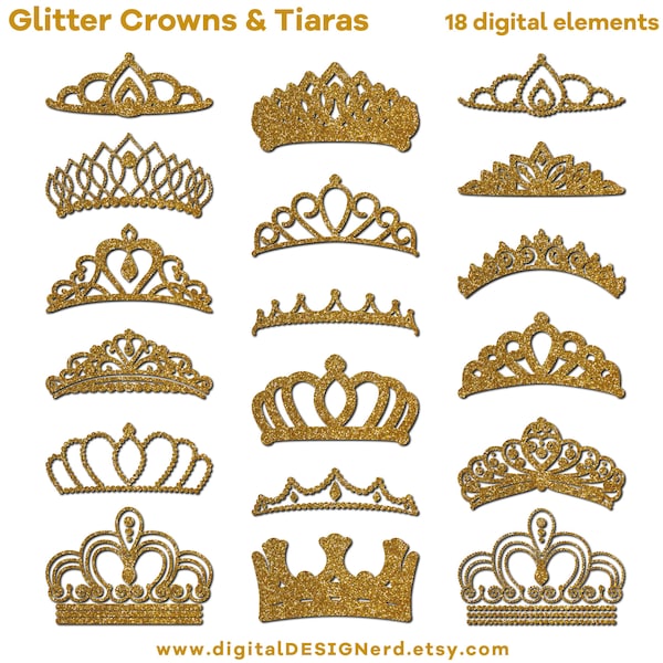 Clip Art Crowns & Tiaras - Bright Gold Glitter (18 Digital Elements - PNG/JPG) Sparkle Princess Jewelry Wedding Party Queen Diamond