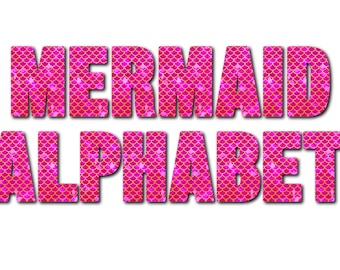 Clip Art Mermaid Scales Alphabet | Bright Cerise Pink Iridescent Shimmer Letters Numbers & Punctuation | 52 PNG Digital Scrapbook Elements