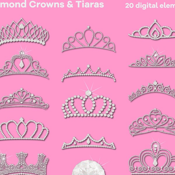 Diamond Gemstone Clip Art Crowns & Tiaras | 20 Digital Elements PNG | Sparkle Metallic Shimmer Princess Jewelry Wedding Party Bride