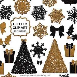 Black & Gold Glitter Christmas Clip Art: 36 Holiday Scrapbook Elements (Digital Download)