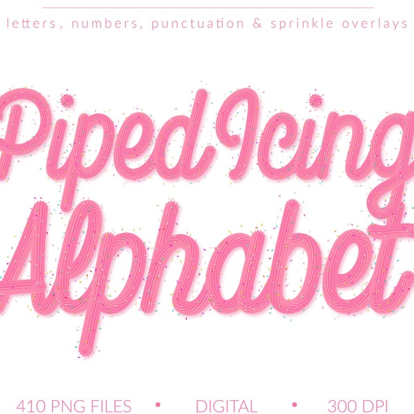 Pink Piped Icing Alphabet w Sprinkle Overlays | Clip Art Letters Numbers & Punctuation | 410 Digital PNG Scrapbook Elements | Candy Frosting
