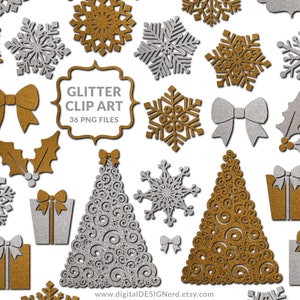 May include: Gold and silver glitter Christmas clip art with snowflakes, bows, holly, trees, and presents.  Glitter Clip Art 36 PNG Files.