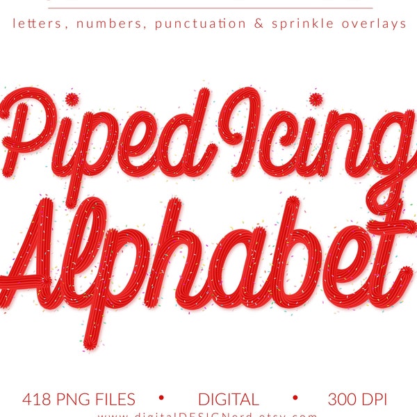 Red Piped Icing Alphabet w Sprinkle Overlays | Clip Art Letters Number Punctuation | 418 Digital Scrapbook Elements Candy Frosting Christmas