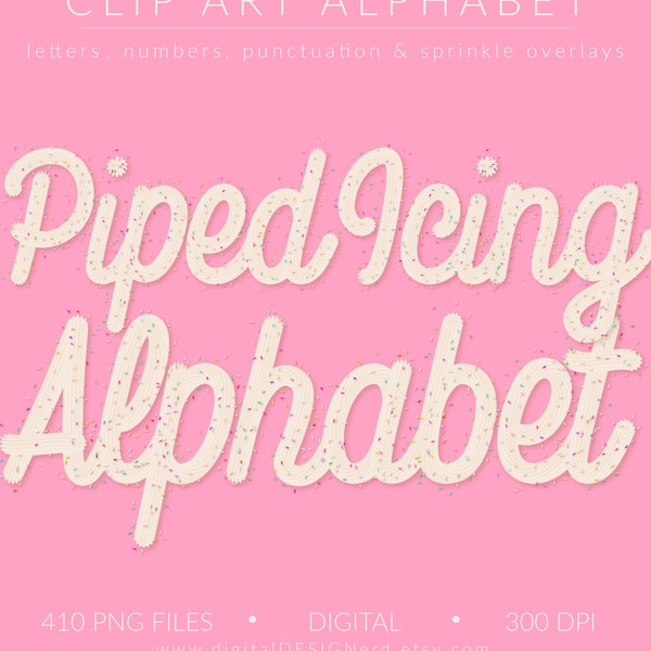 Vanilla Piped Icing Alphabet w Sprinkle Overlays | Clip Art Letters Numbers & Punctuation | 410 Digital PNG Candy Frosting Scrapbook Element