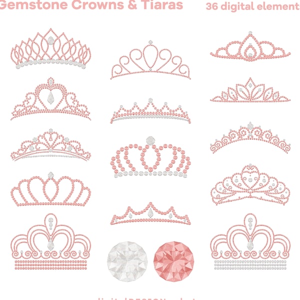 Padparadscha Sapphire and Diamond Gemstone Crowns & Tiaras | 36 Digital Clip Art Element PNG | Rose Gold Birthstone Princess Wedding Jewelry