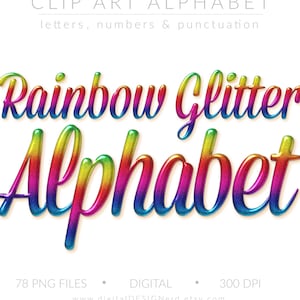 Alfabeto de gel con brillo metálico degradado arcoíris / 78 PNG, imágenes prediseñadas para álbum de recortes digitales, letras, números, puntuación, fiesta del orgullo gay, transferencia de Cricut