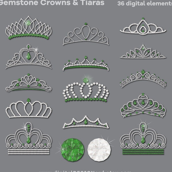 Gemstone Clip Art Crowns & Tiaras | Diamond and Emerald | 36 Digital Elements PNG | Sparkly Princess Wedding Jewelry