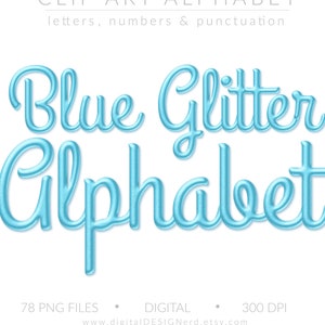Light Blue Glitter Gel Alphabet | Metallic Sparkle Clip Art Letters Numbers & Punctuation | 78 Hi-Res Textured Digital Scrapbook Element PNG