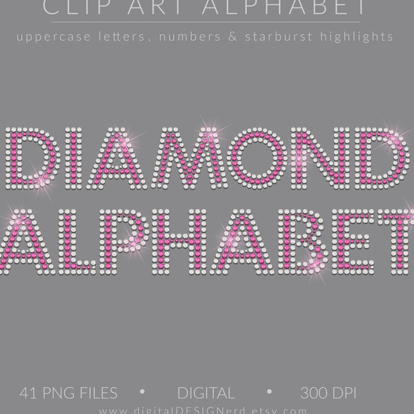 Diamond & Hot Pink Sapphire Gemstone Alphabet | Fancy Bling Letters Numbers Ampersand Starbursts | 41 PNG Digital Clip Art Scrapbook Element