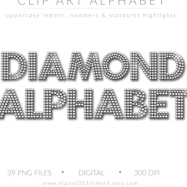 Diamond Gemstone Alphabet | Clip Art Letters Numbers Ampersand & Starburst Twinkle Highlights | 39 PNG Digital Scrapbook Embellishments