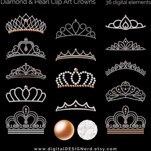 Diamond & Light Gold Pearl Crowns and Tiaras | 36 PNG Digital Clip Art Elements | Sparkle Gem Bling Princess Wedding Jewelry Gemstone