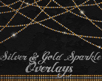 May include: 58 digital overlays featuring silver and gold sparkle designs. Each overlay is 12 inches by 12 inches and 300 dpi.