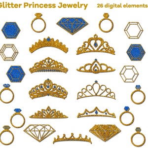 | clip art de bijoux Sparkly Princess | scintillants or et bleu vif 26 Éléments d’album numérique PNG | Couronnes Tiaras Mariage Diamant