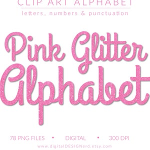 Bright Pink Sparkle Alphabet | Clip Art Letters Numbers & Punctuation | 78 Digital Scrapbook Element PNG | Glitter Baby Shower Wedding Party