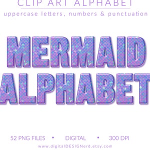 Mermaid Tail Beveled Alphabet | Blue Violet Iridescent Shimmer Clip Art Letters Numbers & Punctuation | 52 PNG Digital Scrapbook Elements