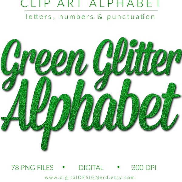 Clip Art Alphabet | Lime Green Glitter Letters, Numbers & Punctuation | 78 Sparkly Hi-Res Digital Scrapbook Embellishments (PNG files)