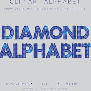 Dark Blue Sapphire Gemstone Alphabet | Clip Art Letters Numbers Ampersand & Starburst Twinkle Highlights | 39 PNG Digital Scrapbook Elements