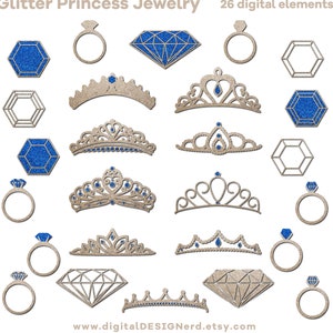 Clipart bijoux princesse scintillants | Argent brillant et paillettes bleues | 26 éléments de scrapbooking numérique PNG | Couronne Diadème Mariage Mariée Diamant