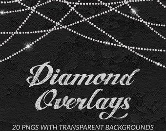May include: 20 digital overlays featuring a diamond pattern on a black background. The overlays are 12 inches by 12 inches and 300 dpi. The text "Diamond Overlays" is written in a white cursive font.