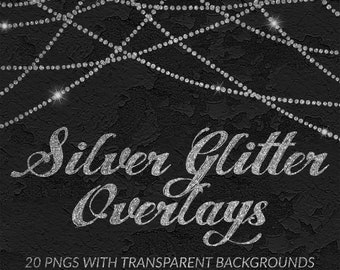 May include: 20 digital overlays featuring silver glitter in a web-like pattern on a black background. The overlays are 12 inches by 12 inches and 300 dpi. The text "Silver Glitter Overlays" is written in silver glitter.