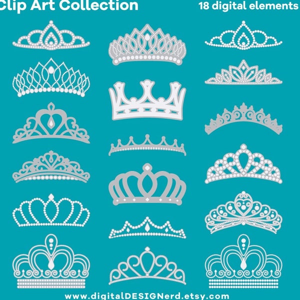 Clip Art Crowns & Tiaras - Diamond (18 Digital Scrapbook Elements - PNG/JPG) Princess Jewelry Wedding Party Bride Queen Invitation