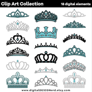 Images clipart - diadèmes et couronnes bleu sarcelle (18 éléments d'album numérique - PNG/JPG) bijoux de princesse faire-part de mariage royal hiver Noël