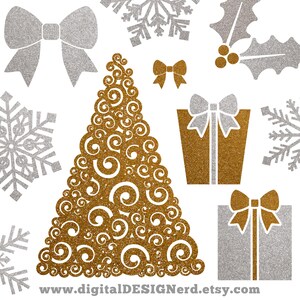 May include: A set of gold and silver glitter Christmas clip art featuring a Christmas tree, snowflakes, bows, holly, and gift boxes.  www.digitalDESIGNerd.etsy.com
