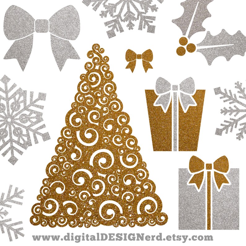 May include: A set of gold and silver glitter Christmas clip art featuring a Christmas tree, snowflakes, bows, holly, and gift boxes.  www.digitalDESIGNerd.etsy.com