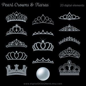Couronnes et diadèmes en pierre précieuse bleu clair Pearl Clip Art | 20 éléments numériques PNG Sparkle Metallic Shimmer Princess Bijoux Mariée