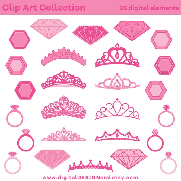 Clip Art Princess Jewelry - Pink (26 Digital Scrapbook Elements PNG/JPG) Crown Tiara Ring Gem Wedding Party Bride Diamond Invitation