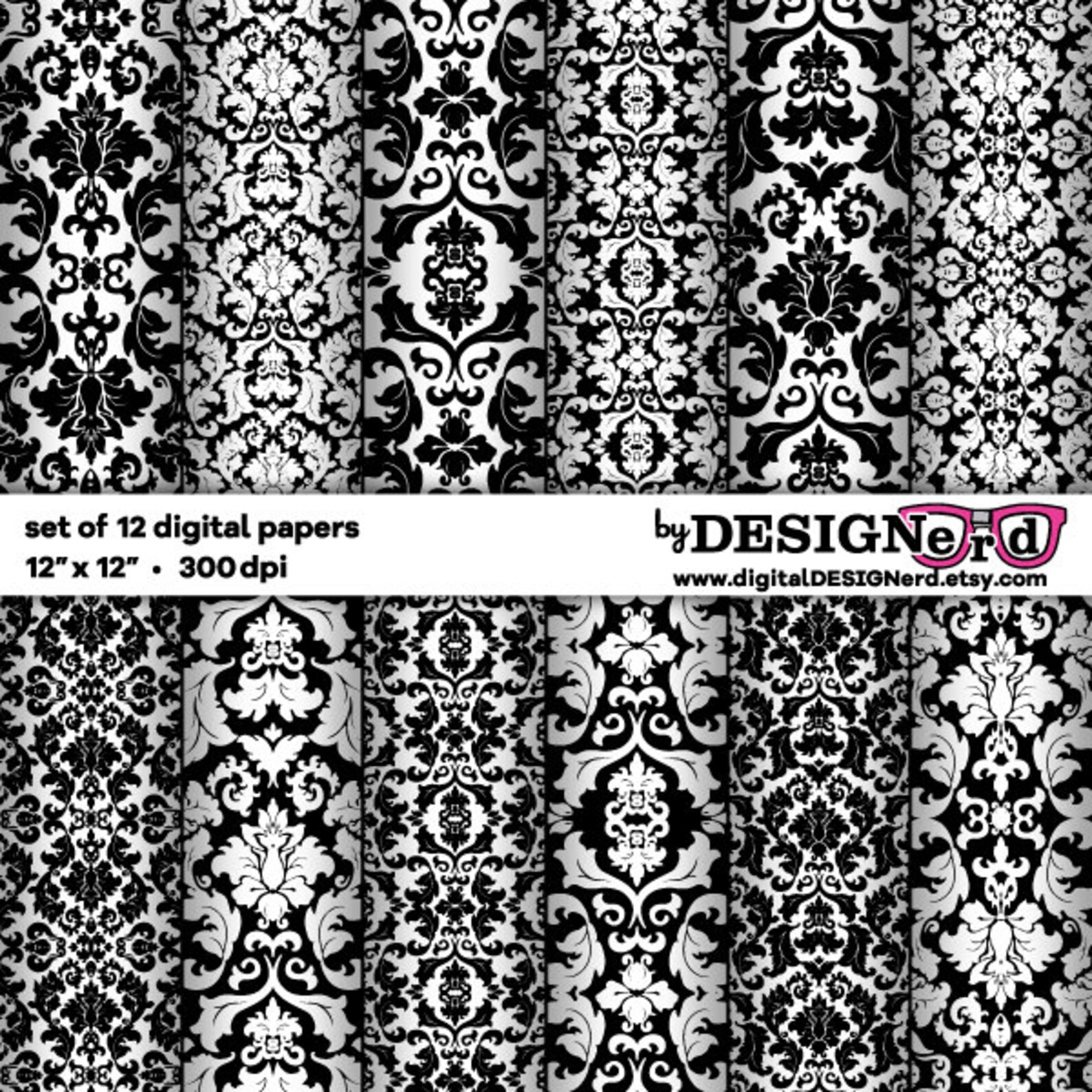 Digital Scrapbook Paper Black & White Damask Collection Etsy