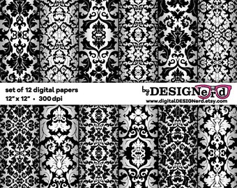 Digital Scrapbook Paper - Black & White Damask Collection (12x12) Vintage - Wallpaper - Background - Lace - Ornate - Wedding - Bridal Shower