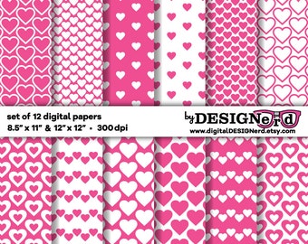 Pink and White Heart Digital Paper | 12x12 & 8.5x11 | Printable Scrapbook Background Valentine Card Love Pattern Princess Birthday Party