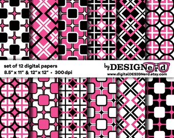 Pink Black & White Digital Paper Collection 15 - 8.5x11 | 12x12 - Scrapbook Printable Geometric Kids Birthday Valentine's Day Invitation