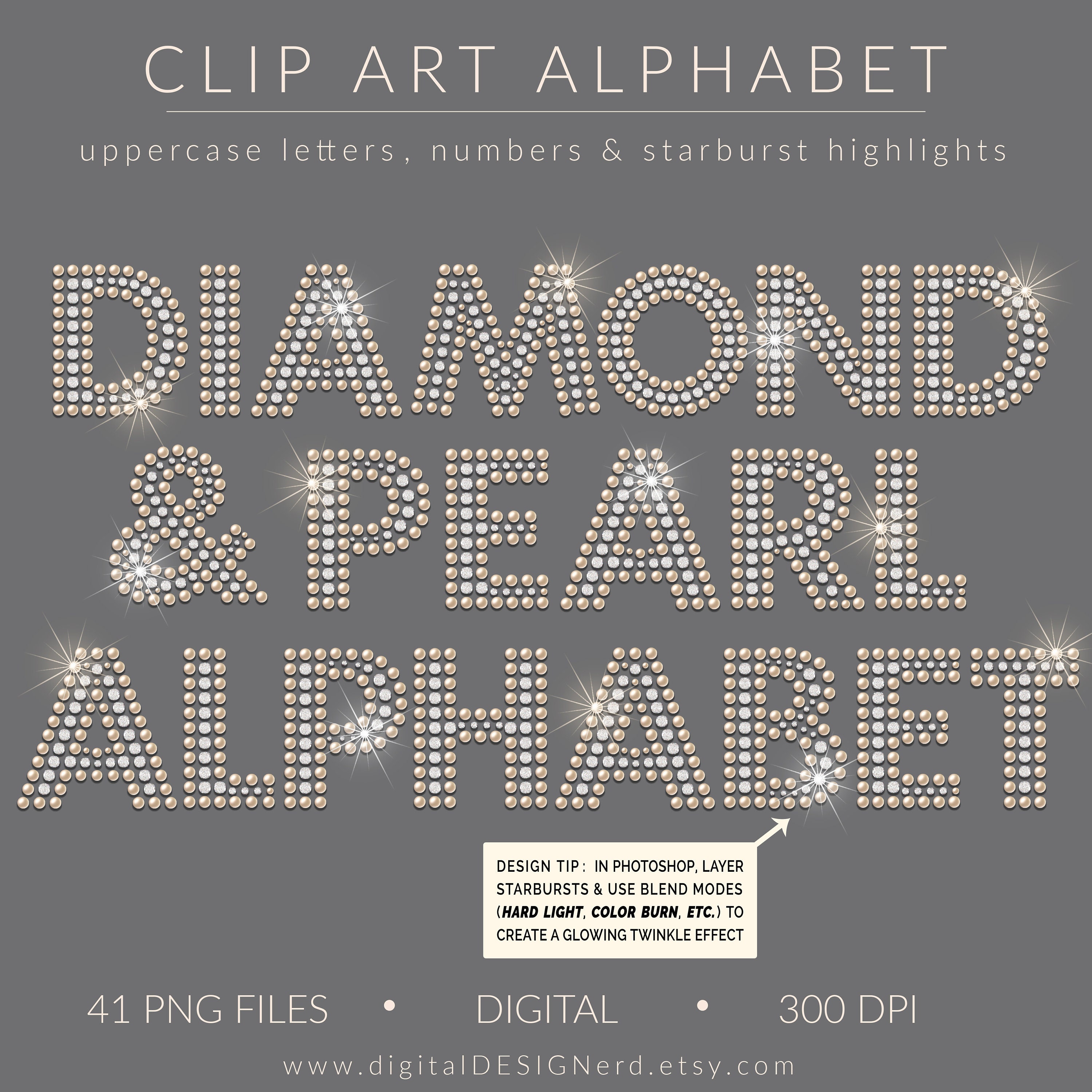 Pearl & Diamond Alphabet Clipart: Bling Letters, Numbers, Starbursts ...