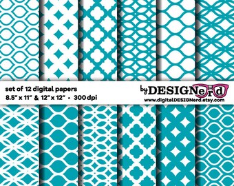 Digital Scrapbook Paper - Teal Blue & White Collection 9 - 8.5"x11" / 12"x12" - Christmas Winter Holiday Seasonal Party Invitation Geometric