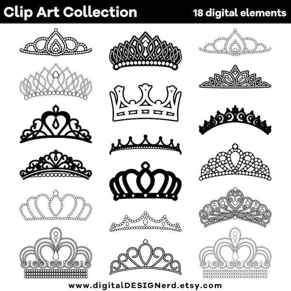 Clip Art Crowns & Tiaras - Black and White (18 Digital Embellishments PNG/JPG) Princess Jewelry Wedding Party Bride Queen Invitation