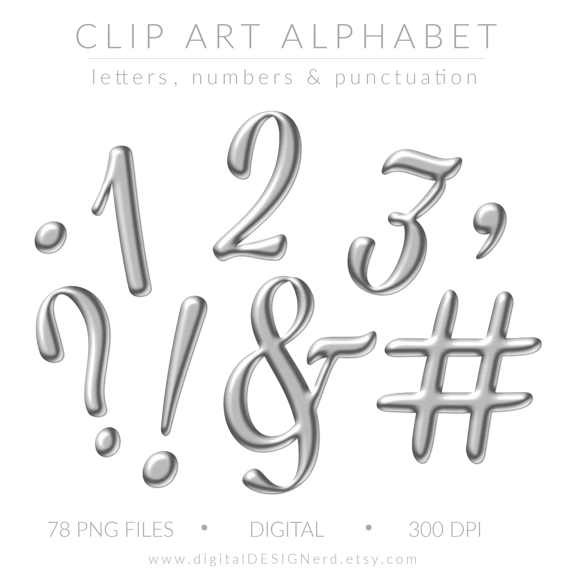 Clip Art Beveled Metal Alphabet Silver Metallic Letters Numbers &  Punctuation 78 Hi-res Textured Digital Scrapbook Embellishments PNG 