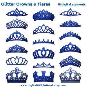 Clip art couronnes et diadèmes - paillettes bleu royal (18 éléments d'album numérique PNG/JPG) bijoux de princesse mariage mariée reine diamant