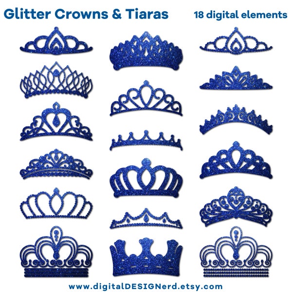 Clip Art Crowns & Tiaras - Royal Blue Glitter (18 Digital Scrapbook Elements PNG/JPG) Princess Jewelry Wedding Bride Queen Diamond