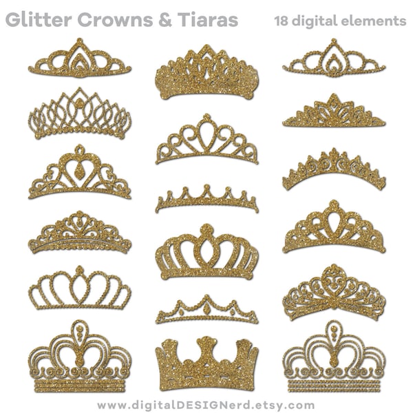 Clip Art Crowns & Tiaras - Gold Glitter (18 Digital Scrapbook Elements PNG/JPG) Princess Jewelry Wedding Party Bride Queen Diamond