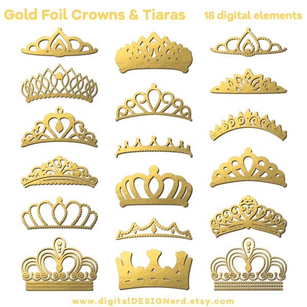 Gold Foil Clip Art Crowns & Tiaras (18 Digital Elements PNG/JPG) Metallic Shimmer Princess Jewelry Wedding Party Bride