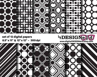 Digital Scrapbook Paper - Black & White Collection 7 (8.5x11 / 12x12) Wedding Bridal Shower Modern 80's Geometric Background Argyle Plaid