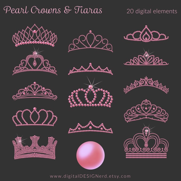 Pink Pearl Gemstone Clip Art Crowns & Tiaras | 20 Digital Elements PNG | Sparkly Metallic Costume Jewelry Princess Wedding Bride