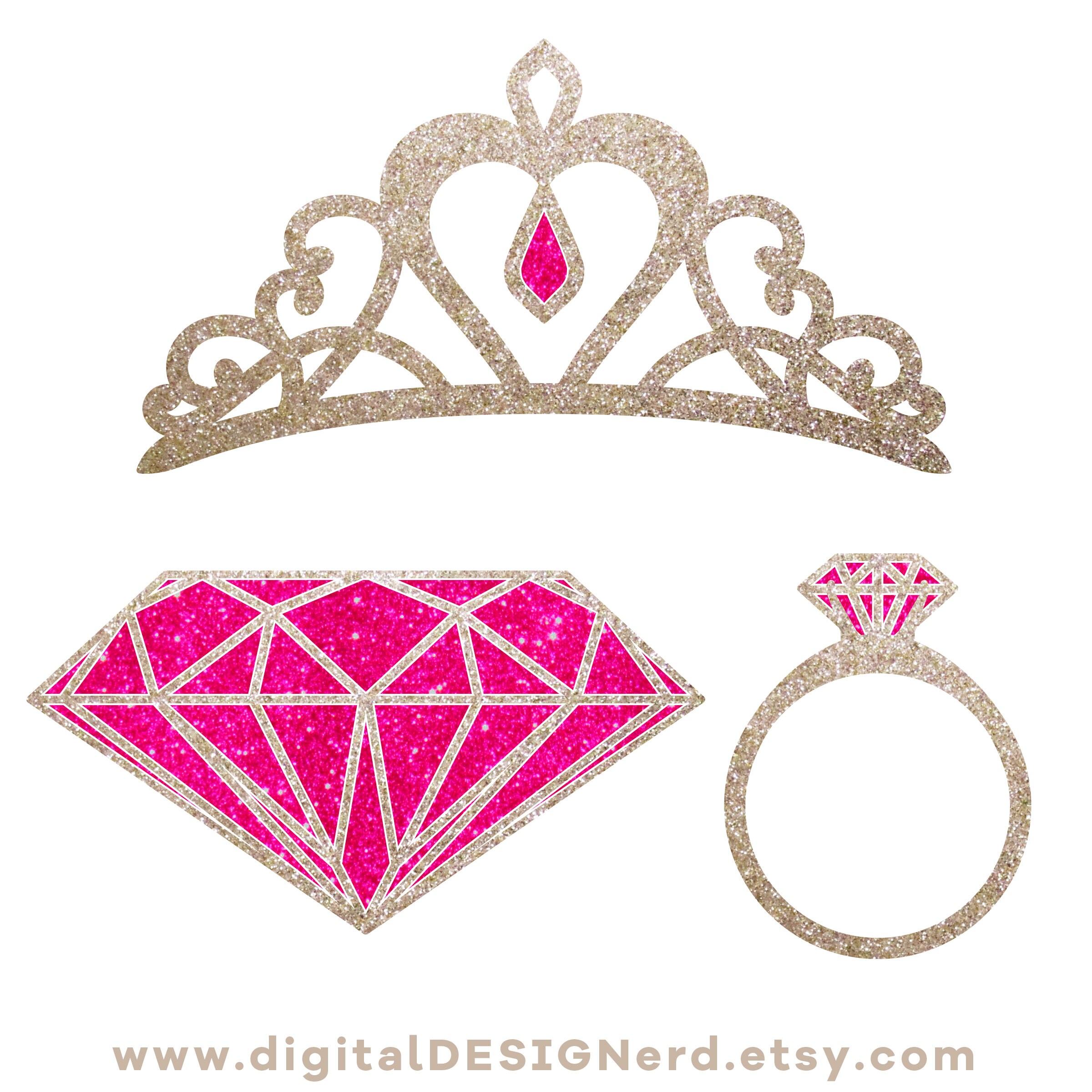 Sparkly Princess Jewelry Clip Art | Bright Silver & Pink Glitter | 26 ...