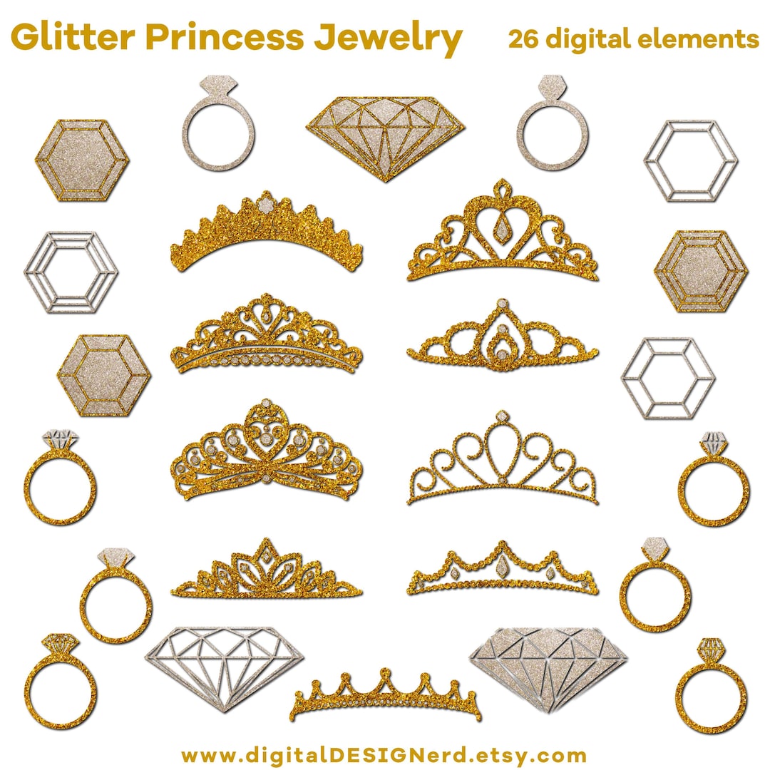 Sparkly Princess Jewelry Clip Art | Bright Gold & Silver Glitter | 26 ...